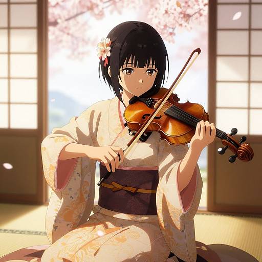Anime-style digital illustration of a young woman with black bob haircut and flower hairpin, playing violin in a traditional Japanese room.