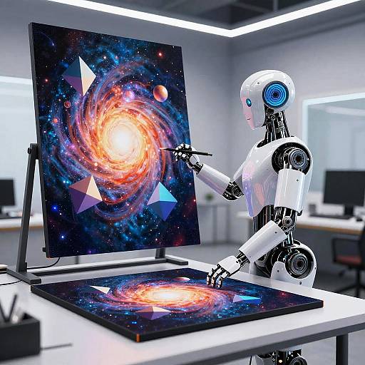 Photograph of a white humanoid robot with blue ear-like sensors, creating a vibrant, swirling galaxy painting on a digital canvas in a modern, white-w