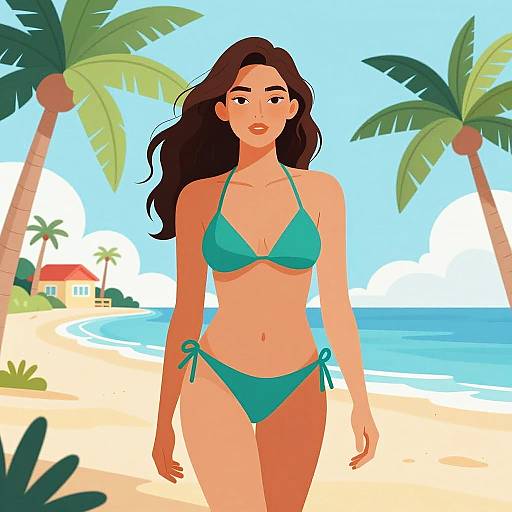 Digital illustration of a beautiful, tan-skinned woman with long dark hair in a turquoise bikini walking on a sunny tropical beach with palm trees and a clear