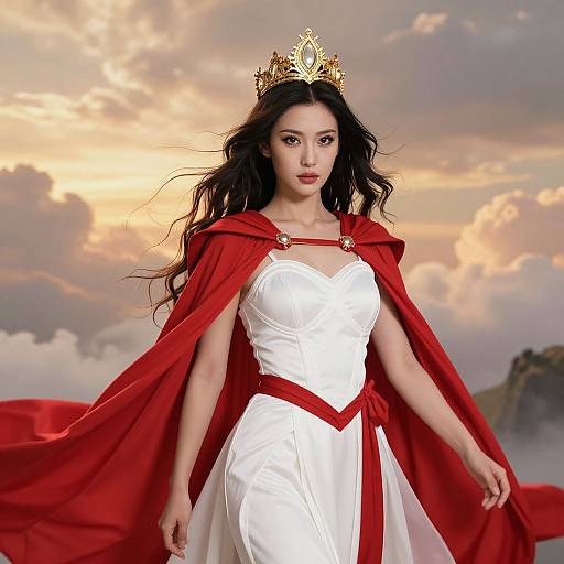 Photograph of an Asian woman with long black hair, wearing a gold crown, white strapless dress, and red cape, standing against a dramatic,