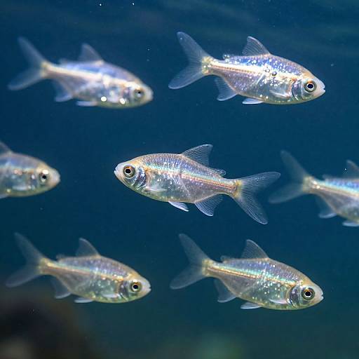 Photograph of six shimmering, silver fish with translucent scales swimming in a deep blue underwater environment, their small, black eyes visible.
