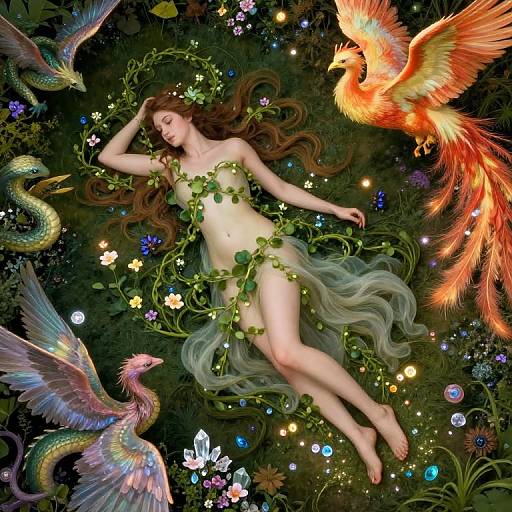 Digital artwork of a naked woman with long brown hair, surrounded by colorful birds, vines, and flowers, floating in a mystical forest.