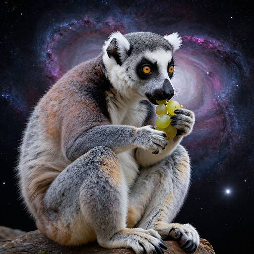 Photograph of a ring-tailed lemur with striking orange eyes eating green grapes against a vibrant, cosmic galaxy backdrop.