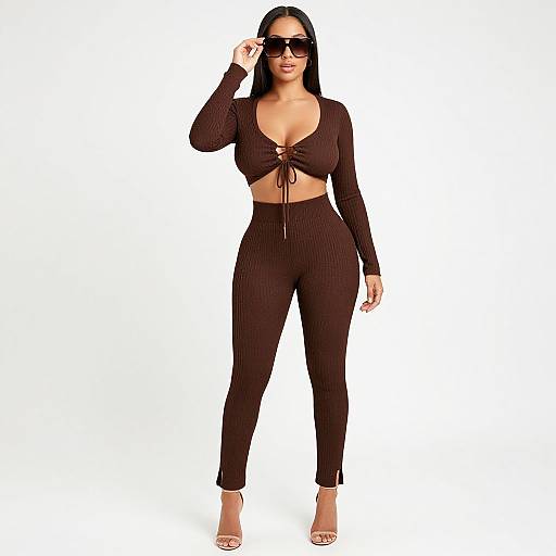 Photograph of a curvy woman with long black hair, wearing dark brown ribbed crop top and pants, lace-up front, black sunglasses, and