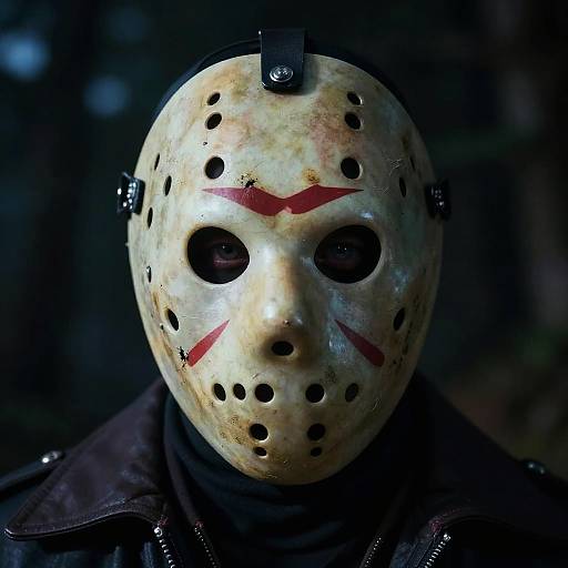 Photograph of a person wearing a weathered, blood-stained Jason Voorhees mask with black holes and red marks, in a dark, blurred