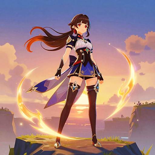 Digital anime-style drawing of a confident, long-haired girl with red eyes, wearing a blue and black outfit, wielding glowing circular energy. Sunset sky and