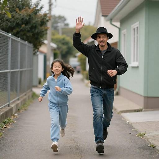 Man and Girl Running in Alleyway