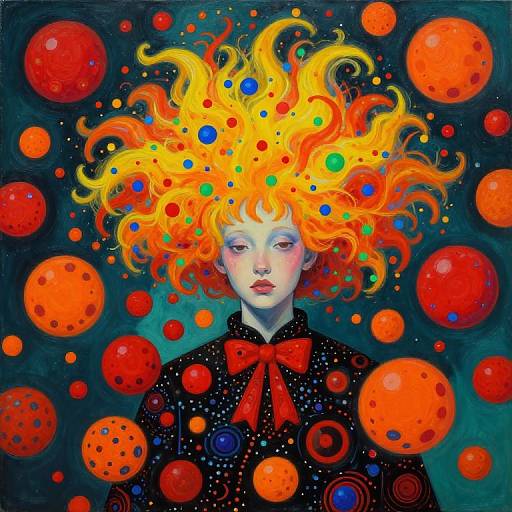 Surreal painting of a pale-skinned girl with vibrant, fiery yellow-orange, curly hair surrounded by floating red and orange orbs, wearing a black