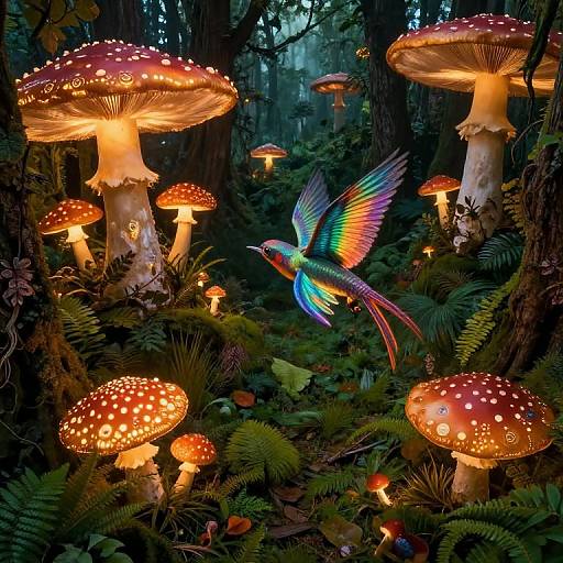 Photorealistic fantasy image of a colorful, rainbow-winged bird flying among glowing, red-spotted mushrooms in a dark, enchanted forest.