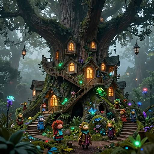 Whimsical digital illustration of a fairy-tale treehouse with glowing windows, surrounded by colorful flowers, lanterns, and small, child-like fairy