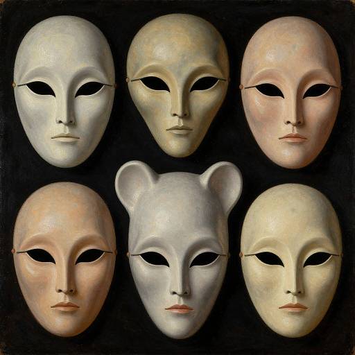 Photograph of six classical-style masks, three with human features and three with bear ears, against a black background. Masks have smooth, porcelain-like textures