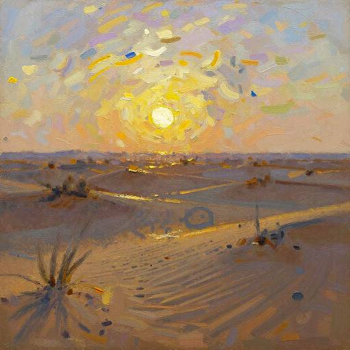 Impressionist-style painting of a desert sunset, with vibrant yellows, oranges, and blues in the sky, and shadows cast on sandy dunes