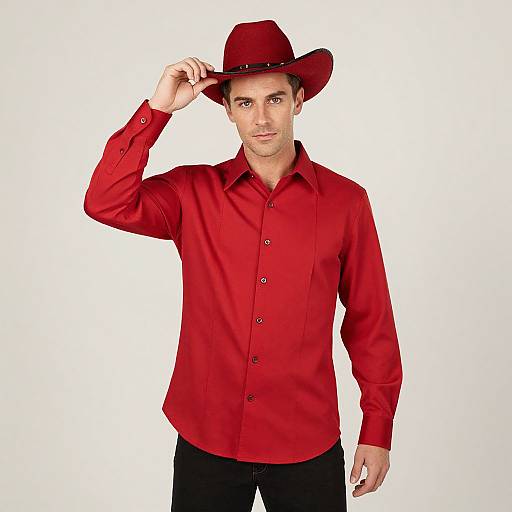 Photograph of a handsome man in a bright red shirt, matching red cowboy hat, black pants, adjusting his hat against a white background.