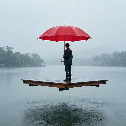 Photograph of a man in a dark suit holding a vibrant red umbrella, standing on a floating wooden platform in a misty, rainy lake, with