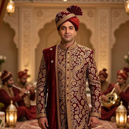 Photograph of a smiling Indian man in an ornate, gold-embroidered maroon sherwani and red turban, standing in an