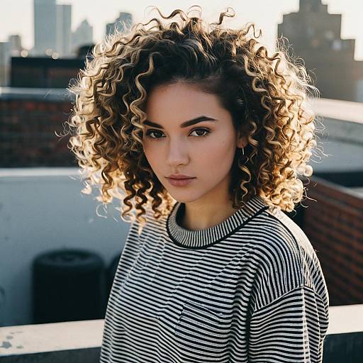Fashion Model with Tight Curls on Rooftop