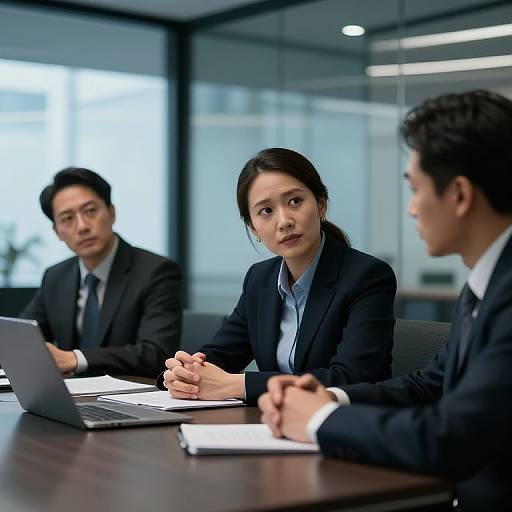 Photograph of three Asian business professionals in black suits, sitting at a wooden conference table, focusing on a laptop, with a window in the background.