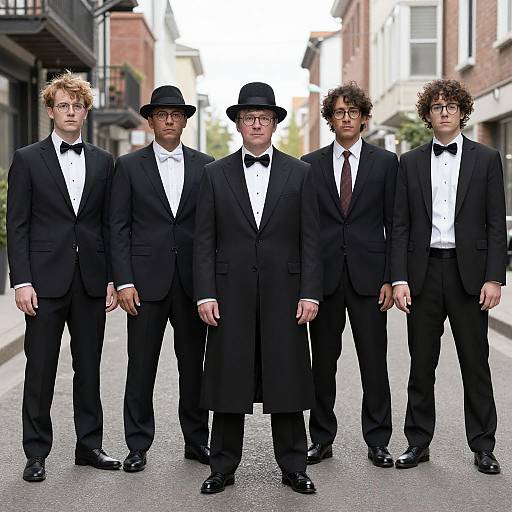 Photograph of five men in black tuxedos and bow ties standing in a row on a city street, one wearing a long black coat and