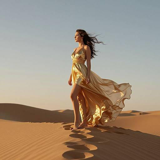 Photograph of a long-haired woman in a flowing, golden dress standing in a sunlit desert with rippling sand and clear sky.
