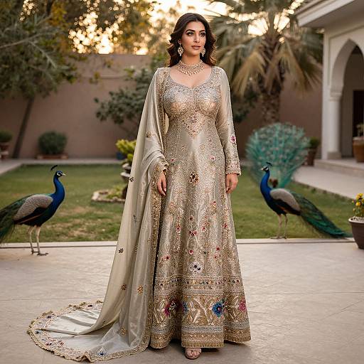 Photograph of a South Asian woman in an ornate gold and silver traditional dress with floral embroidery, standing in a garden with two peacocks,