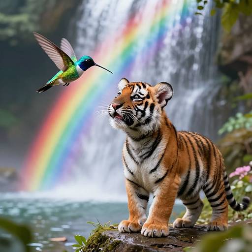 Photograph of a tiger cub with orange and black stripes, standing near a waterfall with a rainbow, as a hummingbird hovers above.