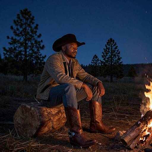 Photograph of a bearded man in cowboy hat, brown jacket, jeans, and boots, sitting by a campfire at night, surrounded by trees