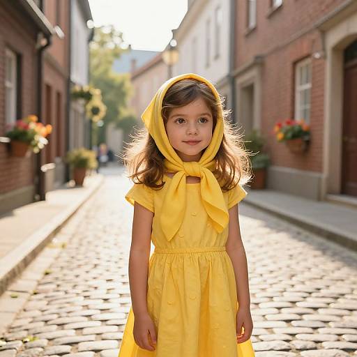 Photograph of a young girl with light brown skin and long brown hair, wearing a bright yellow dress and matching hood, standing on a sunlit cob