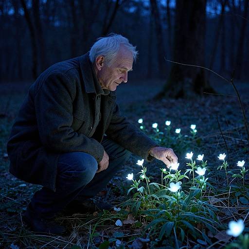 Elderly man with white hair, wearing dark jacket, crouches in forest at night, gently touching glowing white flowers in dim blue light.