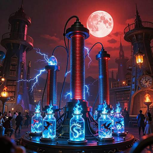 Photograph of a vibrant, neon-lit fountain with glowing blue dragons, surrounded by red lightning and a large red moon, in a gothic city