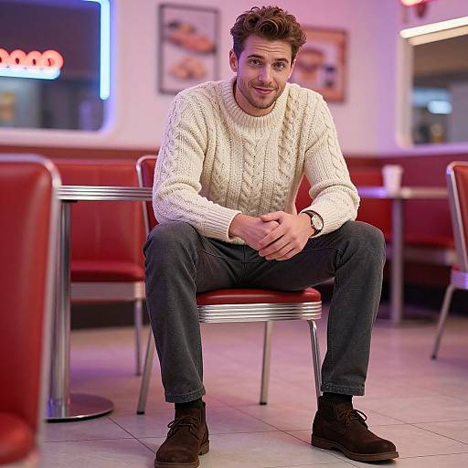 Photograph of a cute, bearded man with tousled brown hair, wearing a white knit sweater, dark jeans, and brown shoes, sitting in