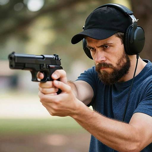 Serious Bearded Man Aiming Handgun