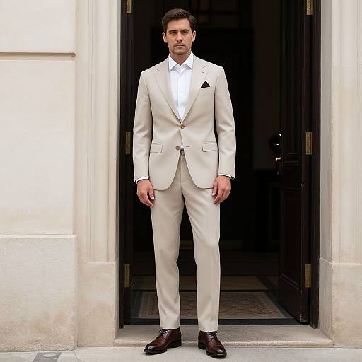 Photograph of a handsome man in a light beige suit, white shirt, brown shoes, standing in a dark doorway, exuding elegance.