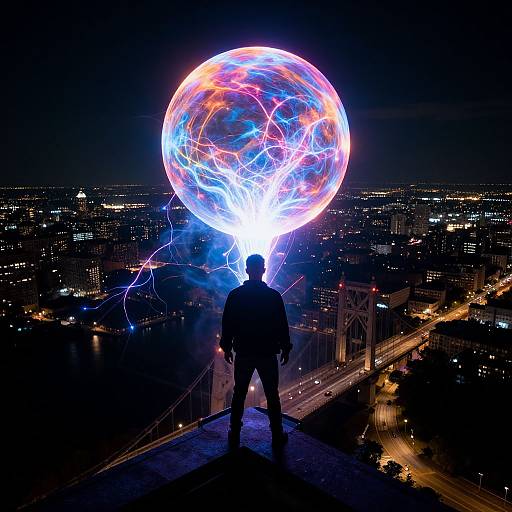 Man Silhouetted by Vibrant Plasma Globe