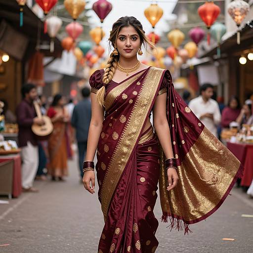 Photograph of a confident Indian woman in a maroon and gold traditional saree, walking a bustling market street with colorful paper lanterns in the background