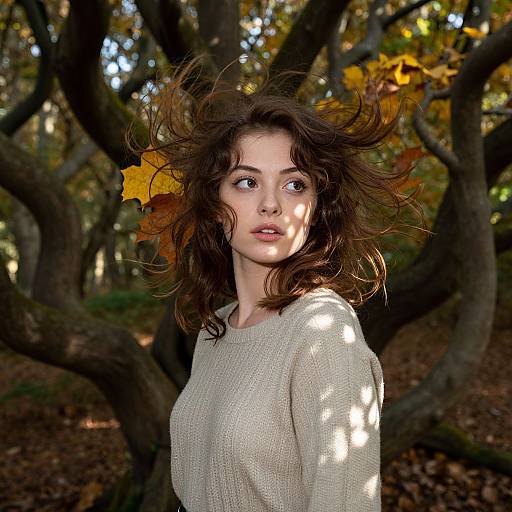 Photograph of a young woman with curly brown hair, wearing a beige sweater, standing in a sunlit forest with autumn leaves.
