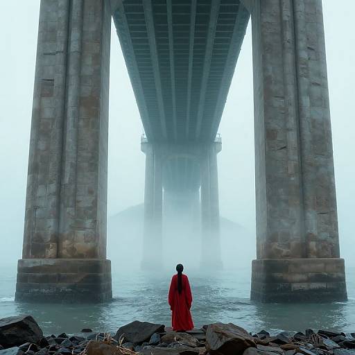 Photograph of a lone monk in a red robe standing on rocky shore, facing massive fog-covered concrete bridge pillars.