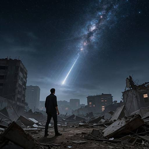 Silhouetted figure stands in ruined cityscape, gazing at bright, blue laser beam piercing starry night sky with Milky Way galaxy. Phot