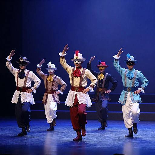 Masked Feathered Dance Under Blue Lights