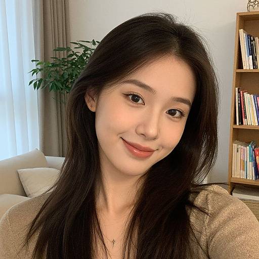 Photograph of an Asian woman with long black hair, light skin, and subtle makeup, smiling gently in a cozy living room.