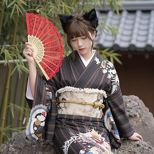 Elegant Young Woman in Striped Kimono