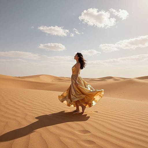 Photograph of a woman in a flowing yellow dress walking in a sunlit desert with rippled sand and a bright sky.