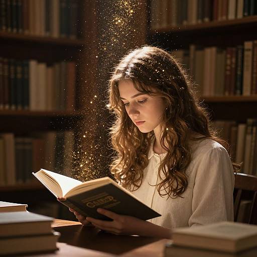 Photograph of a young woman with long, wavy brown hair, wearing a white blouse, reading a book in a dimly lit library with glowing
