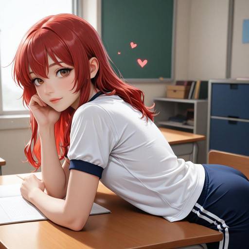 Blushing Girl in Gym Uniform at Desk