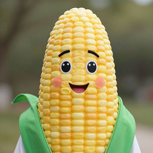 Photograph of a smiling, anthropomorphized corn on the cob with black eyes, pink cheeks, and a green scarf, set against a blurred