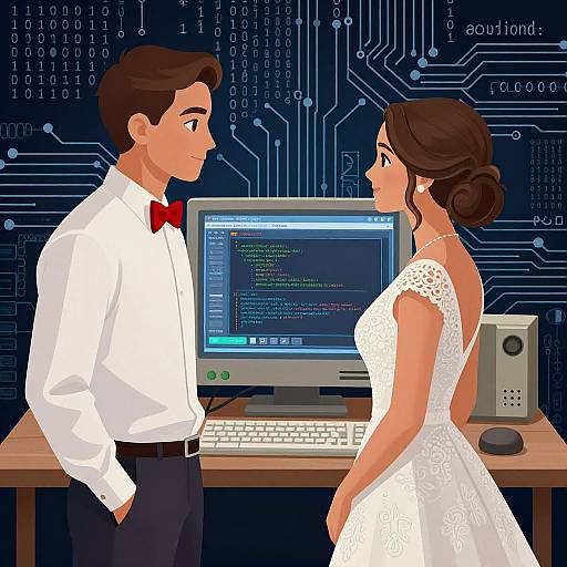 Digital illustration of a brown-haired man in a white shirt and red bowtie, facing a brown-haired woman in a white lace dress, standing in front