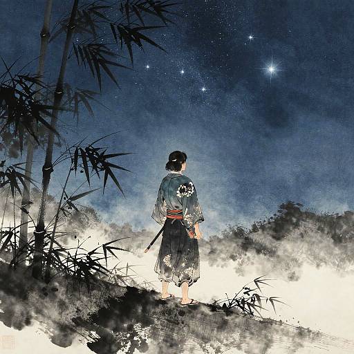 Ancient Samurai Under Starry Night
