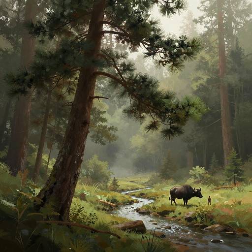 Leaning Pine Mist: Buffalo and Traveler