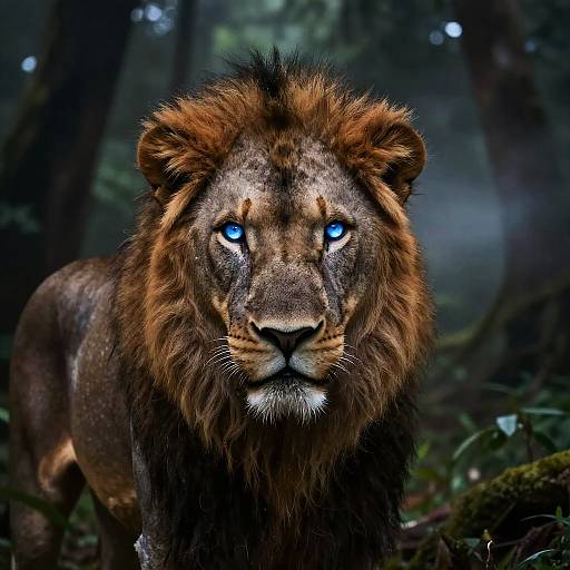 Photograph of a majestic male lion with bright blue eyes, standing in a dense, misty forest, featuring a thick, dark brown mane and intense