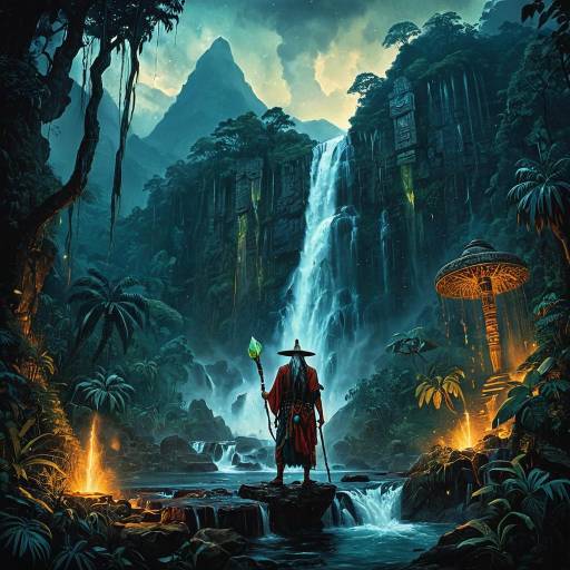 Shaman by Ancient Jungle Waterfall
