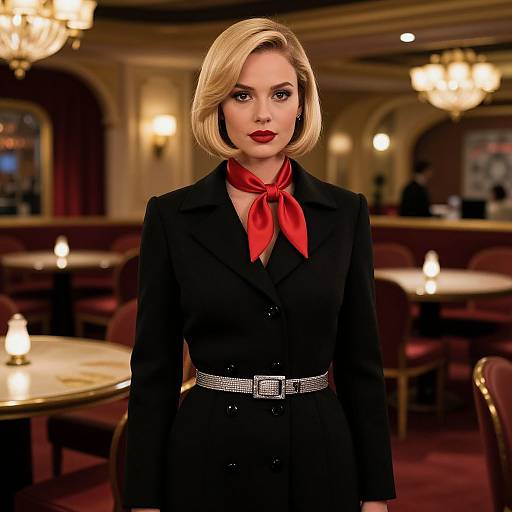 Photograph of a blonde woman with red lipstick, wearing a black coat, red scarf, and sparkling belt, standing in a luxurious, dimly-l